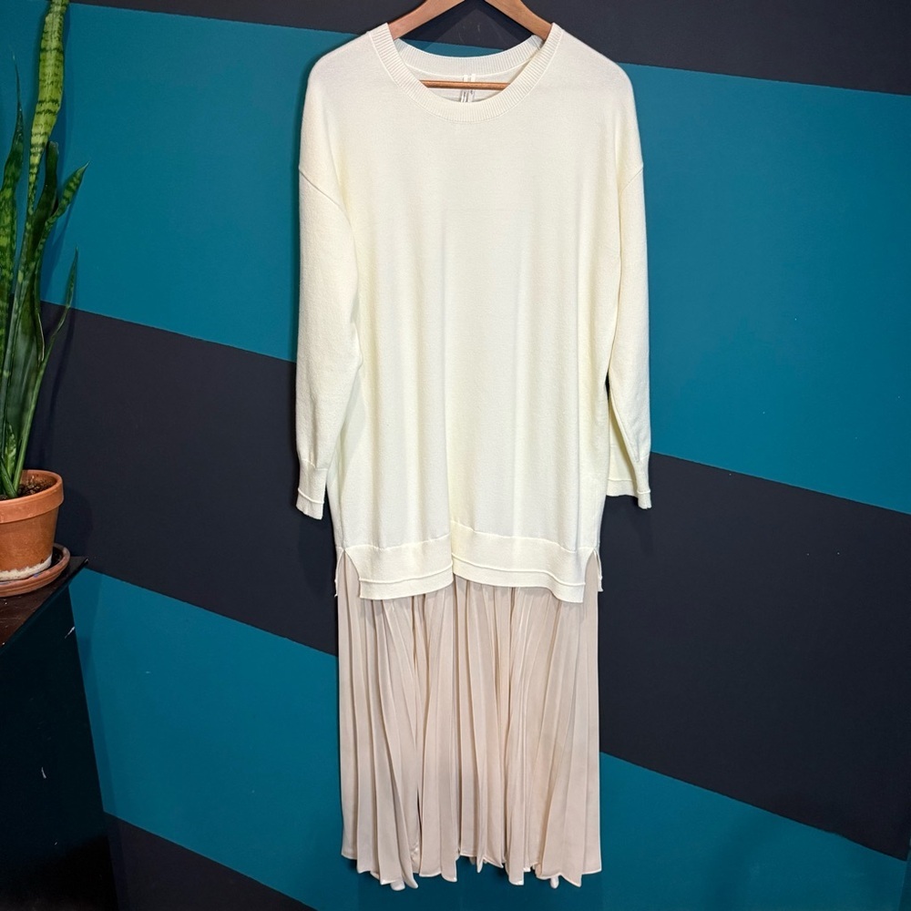 Anthropologie Ivory Long-Sleeve Pleated Twofer Sweater Maxi Dress size L Preppy - Picture 4 of 15